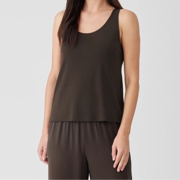 EILEEN FISHER 100% Silk Stretch Jersey Scoop Neck Tank Brown Women’s Size PM - Picture 1 of 7